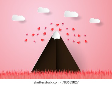 Pink field on pink background with cloud and brown mountain. Vector design in paper craft with drop shadow for Valentine's day.