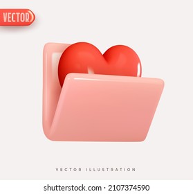 Pink file, open folder. 3d vector Icon with red heart. Realistic Elements for romantic design