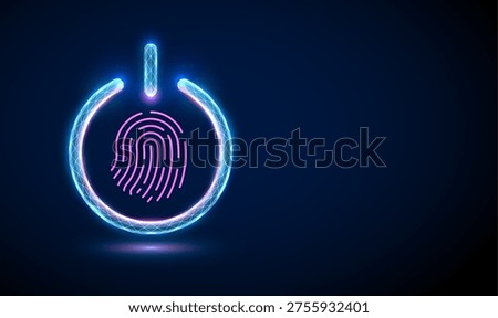 Pink fingerprint inside blue power button. Secure device access, identity authentication, encrypted startup control, authorized operation, safe system launch concept. Futuristic digital style. Vector.