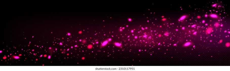 Pink firefly light glow flow. Star particle spell overlay on transparent background with dark space. Isolated fluorescent starlight bokeh vector effect illustration. Mysterious magic glitter sparkle.