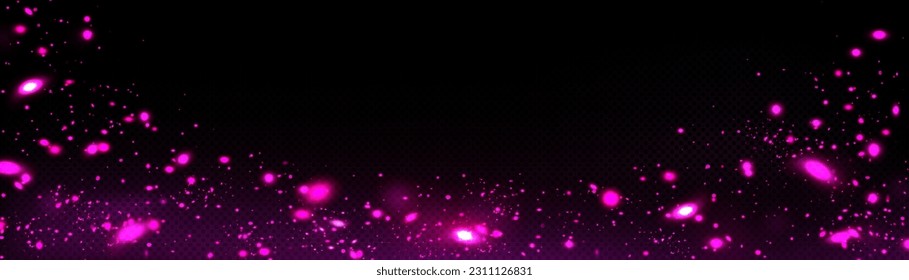 Pink firefly light glow frame. Star particle spell overlay on transparent background with dark space. Fluorescent starlight bokeh border vector effect illustration. Mysterious magic glitter sparkle.