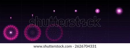Pink firework effect animation frames set - exploding firecracker stages from small flares to full burst sparks, glowing particles. Vector illustration sequence for video game sprites, motion graphic.