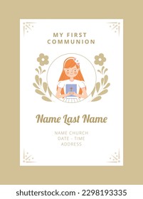 pink first communion card with pyx and candles. vector illustration