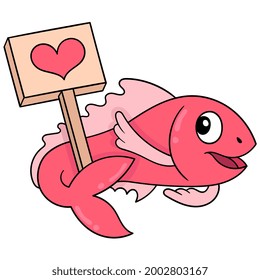 pink fish carrying love valentine board, vector illustration art. doodle icon image kawaii.