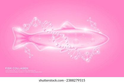 Pink fish collagen peptide solution surround with DNA molecule. Extracted from nature fish. Hyaluronic Acid and Moisturizer Vitamins serum skin care. For cosmetic or beauty nutrition. Vector EPS10.