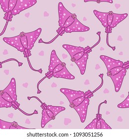 Pink fish is an electric ray with hearts. For textiles, printing, cardboard, paper, cards and decor, Wallpaper, background, design, wrapping paper, tableware, envelopes, gifts.