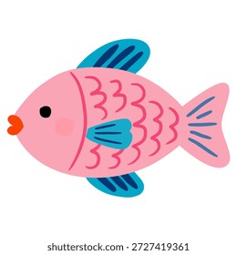 Pescado rosado en ilustración plana para el diseño lindo de los niños bajo el agua. Perfecto para la decoración de la guardería, contenido para niños, pegatinas y elementos visuales del océano.