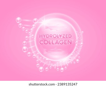 Pink fish hydrolyzed collagen solution surround with DNA molecular. Oil omega extract from deep sea fish. Vitamins serum skin care. For cosmetic or beauty nutrition. Vector EPS10.