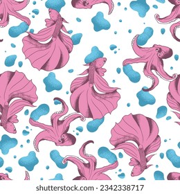 PINK FISH OCTOPUS BLUE BUBBLE PATTERN