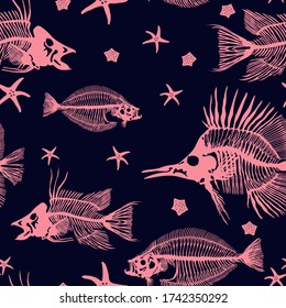 Pink fish skeletons vector seamless pattern for decoration, wrapping, textile.
