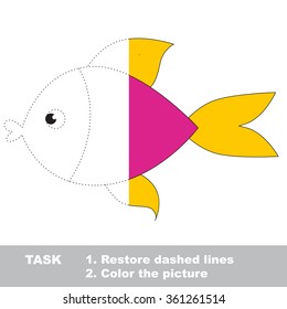 Pink fish in vector colorful to be traced. Restore dashed line and color the picture. Worksheet to be colored.