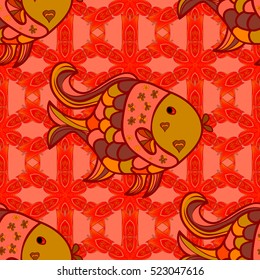 Pink fishes seamless background. Vector illustration. Doodles Fish. Dim red and orange.