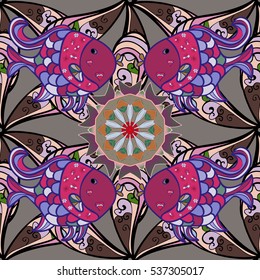 Pink fishes seamless background. Vector illustration. Doodles Fish.