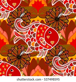 Pink fishes seamless background. Vector illustration. Doodles Fish. Brown, beige, red and orange.
