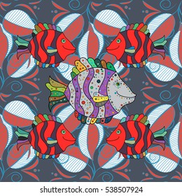 Pink fishes seamless background. Vector illustration. Doodles Fish. Dim red and lilac.