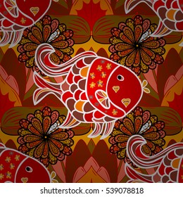 Pink fishes seamless background. Vector illustration. Doodles Fish. Brown, beige, red and orange.