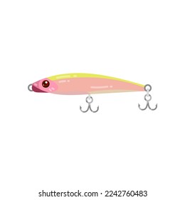 Pink fishing bait in shape of fish cartoon illustration. Cartoon drawing of fishing lure with hook, jig in shape of fish isolated on white background. Sport, hobby, gear, recreation concept
