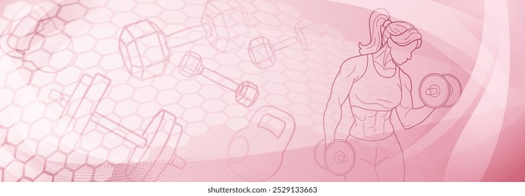 Pink fitness com tema. Ilustração estilizada de uma figura feminina com braços musculosos, segurando o que parece ser um haltere ou peso, colocado contra um fundo que inclui formas abstratas.