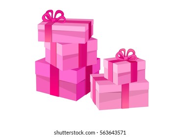 pink five packing boxes with ribbons
