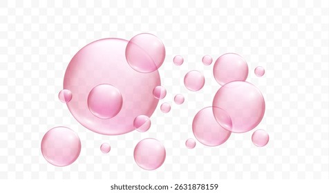 Bolhas efervescentes rosa e colágeno gotas sobre fundo branco. Goma de bolha doce inspirou esferas transparentes com efeitos de ácido hialurônico e óleo de glicerina.