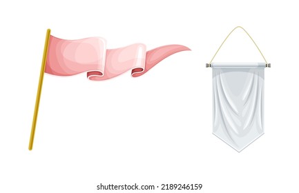 Pink Flag on Pole and Pennant or Pennon Shaped Banner Made of Smooth Fabric Vector Set