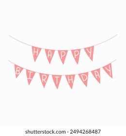 Guirnalda de banderas rosas con el signo de "feliz cumpleaños". Vector diseño simple para Tarjetas de regalo, Anuncio de celebración. 