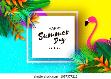 Pink Flaingo. Flower Strelitzia. Bird of paradise - exotic tropical plant. Palms. Summer in Paper cut style. Text. Origami Monstera jungle floral background. Square frame.