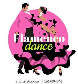Pink flamenco dancers template with text. Two modern faceless characters in Spanish dance pose isolated on white background.
