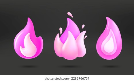 Pink flames collection. 3d vector icons isolated on dark background
