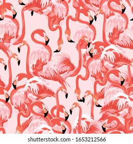 Pink flamingo, pink background. Floral seamless pattern. Tropical illustration. Exotic  birds. Summer beach design. Paradise nature.