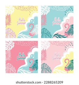 Pink flamingo in beach. Flyer set with summer illustration for your text.  Summer beach. Vector.