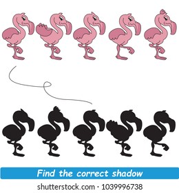 Pink Flamingo Beautiful Shadow Set to Find the Correct Shadow, the Matching Educational Kid Game to Compare and Connect Objects and Their True Shadows, Simple Gaming Level for Preschool Kids.