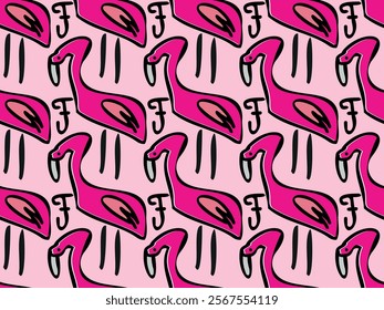 Pink flamingo bird. Cartoon art style. Seamless vector pattern for design and decoration. Summer mood. Exotic. 