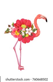 Pink flamingo bird with flowers. Vector