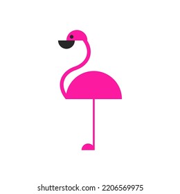 Pink Flamingo Bird Logo Of Semicircular Geometric Shapes, Minimal Comic Kawaii Animal Kids Illustration, Side Full Length View.