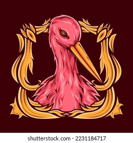 Pink flamingo bird vector design with gold ornament