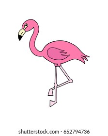 Pink flamingo bird vector illustration doodle cartoon drawing, isolated icon of cute pink flamingo.