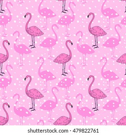 Pink flamingo bird vector seamless pattern design. Beautiful animal hand drawn sketch repeatable background