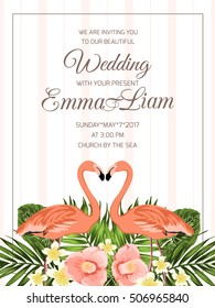 Pink flamingo birds couple with palm leaves, plumeria and camellia flowers. Exotic tropical wedding event invitation template. Light pink vertical stripes background. Rectangular border frame.