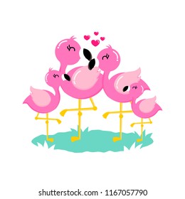 Pink Flamingo Birds with hearts. Vector illustration isolated on white background.