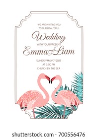 Pink flamingo birds loving couple. Green tropical jungle tree leaves. Vintage border frame template. Wedding marriage event invitation card RSVP. Text placeholder. Vector design illustration.