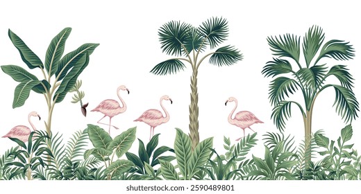 Pink flamingo birds, palm tree, banana tree and tropical plant floral seamless border white background. Exotic jungle wallpaper.