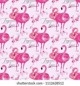 Pink flamingo birds pattern. Hand drawn watercolor style vector seamless background with tropical flamingo birds. Wild nature decoration on white backdrop.