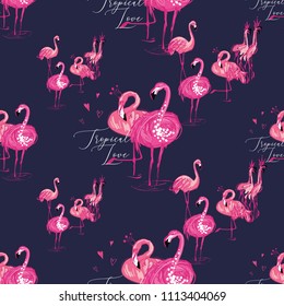 Pink flamingo birds pattern. Hand drawn watercolor style vector seamless background with tropical flamingo birds. Wild nature decoration on white backdrop.