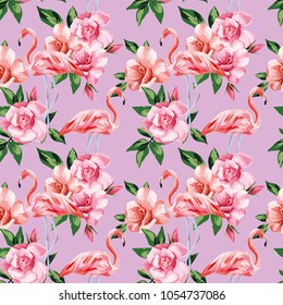 Pink flamingo birds rose flowers natural color seamless vector pattern beach wallpaper