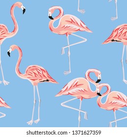 Pink flamingo, blue background. Vector seamless pattern. Tropical illustration. Exotic birds. Summer beach design. Paradise nature