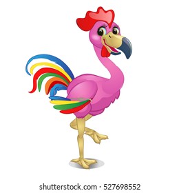 Pink flamingo with bright feathers of a rooster isolated on a white background. Vector illustration.

