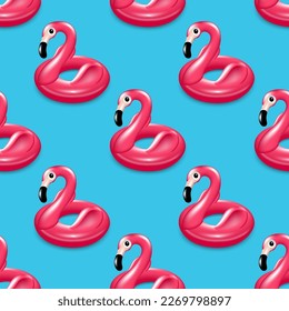 Pink flamingo bright on a blue background seamless pattern. Swimming toy, design to decorate summer holiday items. Vector.