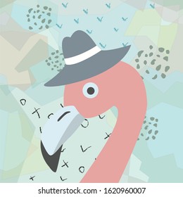 Pink Flamingo in a brown hat. Vector Illustration

