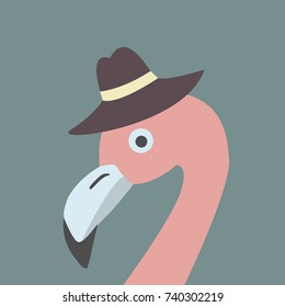 Pink Flamingo in a brown hat. Vector Illustration